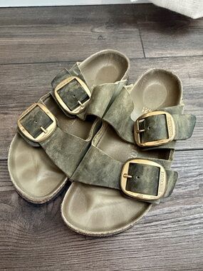 Birkenstock Green Double-Buckle Slide Sandals with Gold Buckles